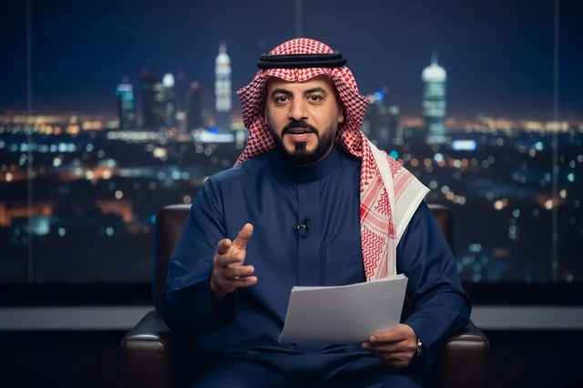 مذيع سعودي في استوديو تلفزيوني ليلاً