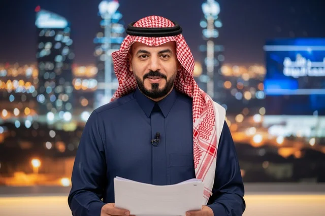 مذيع أخبار سعودي في استوديو تلفزيوني ليلاً