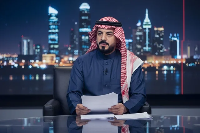 Saudi News Anchor in Studio with Night City Background
