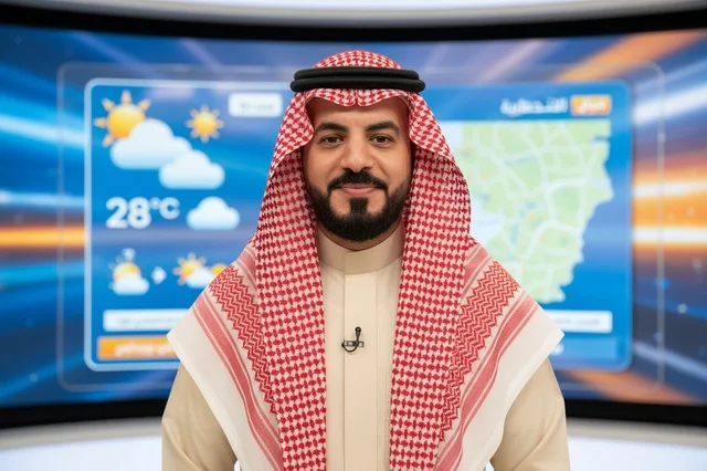 Saudi News Anchor in Television Studio with Weather Map