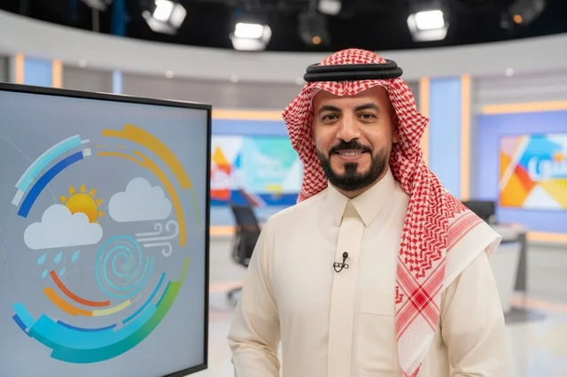 مذيع أخبار سعودي في استوديو تلفزيوني احترافي