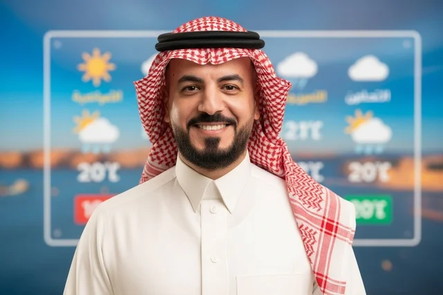 Saudi Man Presenting Weather Forecast Digital Screen