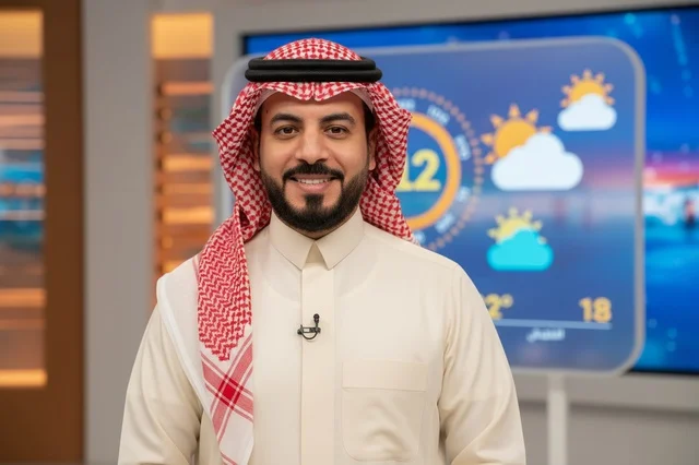 مذيع سعودي بالزي التقليدي في استوديو تلفزيوني