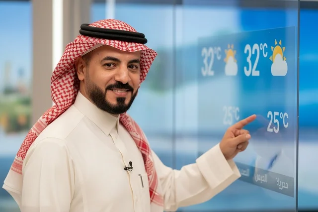 Saudi News Anchor Presenting Weather Forecast in Studio