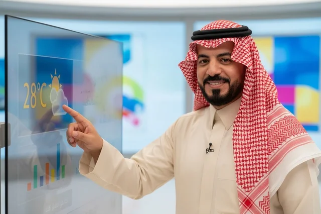 Saudi News Presenter with Weather Forecast Screen