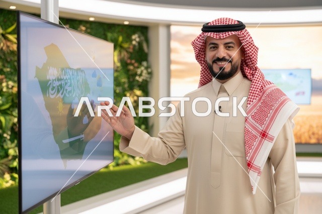 مذيع أخبار سعودي في استوديو مع خريطة السعودية