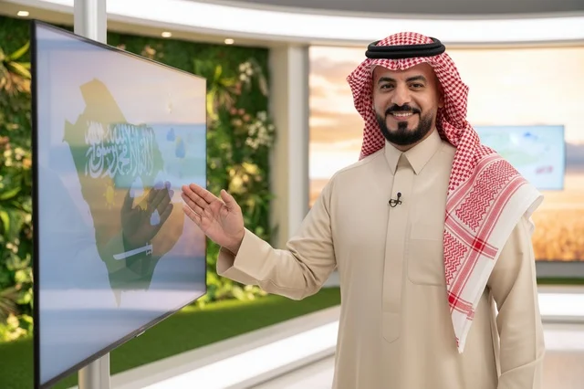 Saudi News Presenter in Studio with Saudi Map