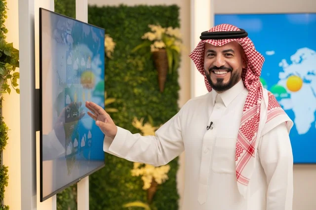 Saudi News Anchor in Television Studio with Weather Map