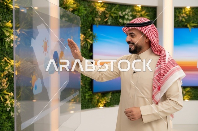 Saudi Man Presenting Weather Forecast in TV Studio