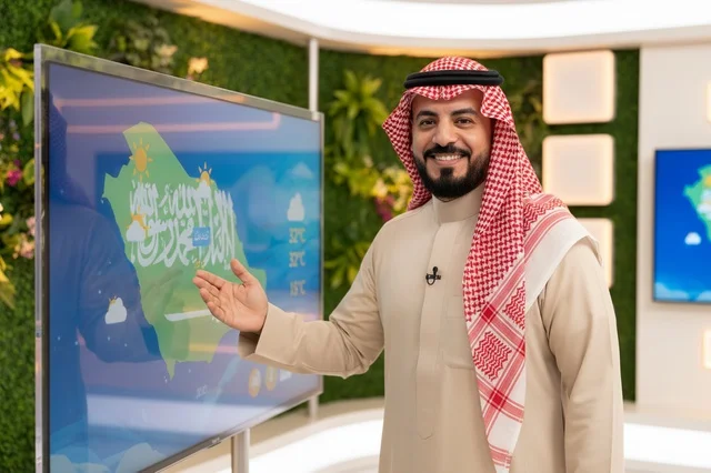 Saudi News Presenter with Weather Forecast Screen