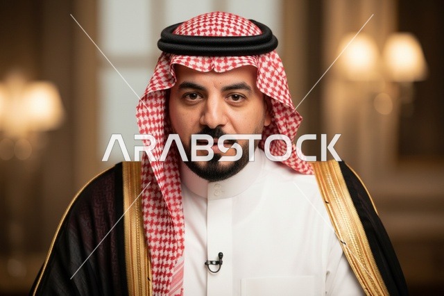رجل سعودي يرتدي البشت الأسود والشماغ الأحمر التقليدي