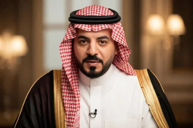 A Saudi man wearing a black bisht and traditional red shemagh.