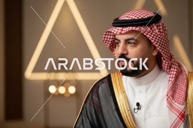 رجل سعودي يرتدي البشت الأسود والشماغ الأحمر التقليدي