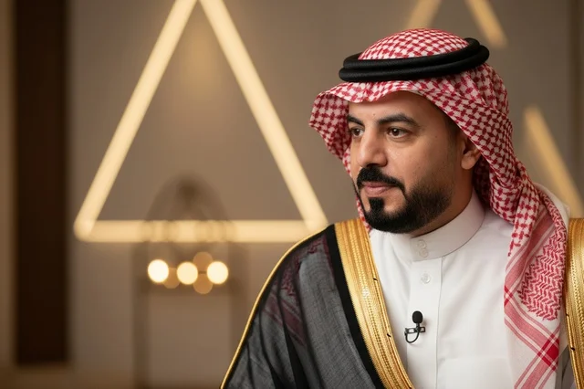 A Saudi man wearing a black bisht and traditional red shemagh.
