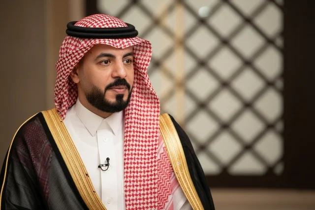 رجل سعودي بالزي التقليدي والبشت الرسمي في مقابلة
