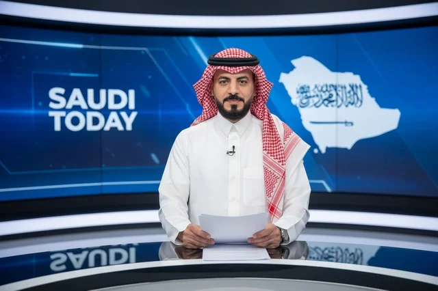 مذيع أخبار سعودي في استوديو تلفزيوني
