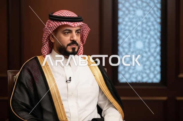 رجل سعودي يرتدي البشت الأسود والشماغ الأحمر التقليدي