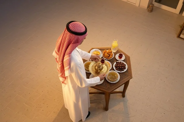 Saudi Man Preparing Traditional Arabic Coffee and Dates
