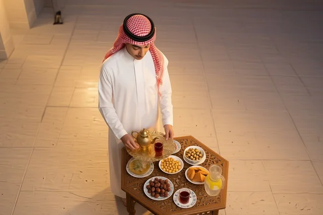 Saudi Man in Traditional Dress with Tea and Food