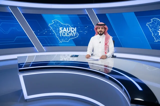 Saudi Male News Anchor in Television Studio Desk