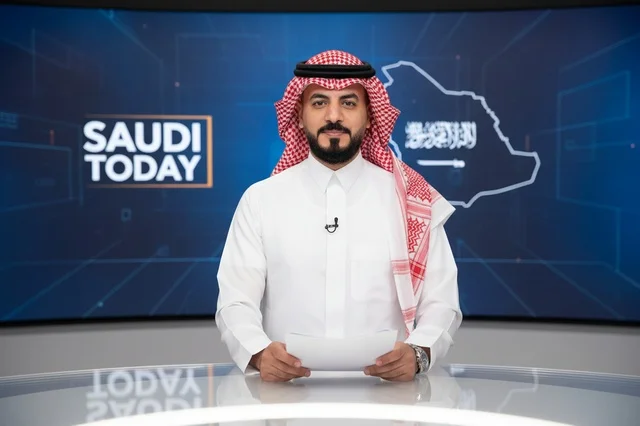 مذيع أخبار سعودي في استوديو تلفزيوني