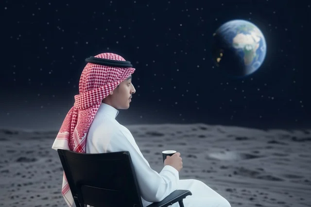 Saudi Man on Moon Surface Looking at Earth