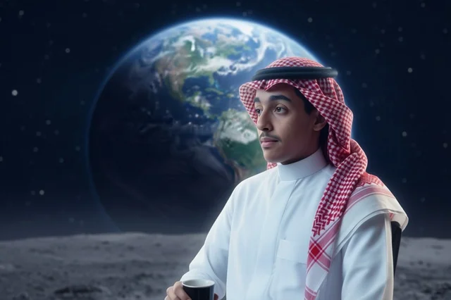 Saudi Man in Traditional Dress on Moon with Earth Background