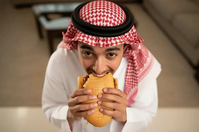 Saudi Man Eating Large Sandwich High Angle View