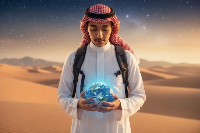 Saudi Man Holding Glowing Earth Globe in Desert Night