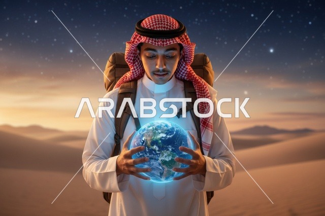 رجل سعودي يمسك بكرة أرضية متوهجة في الصحراء
