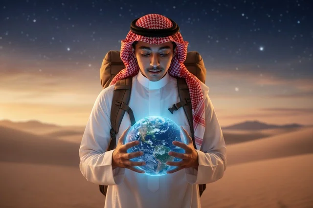 رجل سعودي يمسك بكرة أرضية متوهجة في الصحراء رجل سعودي يمسك بكرة أرضية متوهجة في الصحراء
