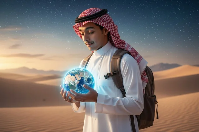 Saudi Man Holding Glowing Earth Globe in Desert