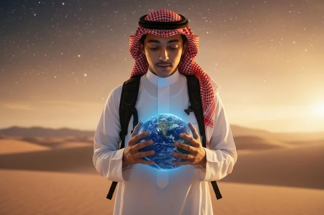 رجل سعودي يمسك مجسم الكرة الأرضية في الصحراء