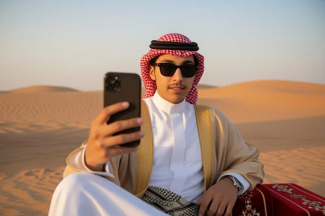 رجل سعودي بالزي التقليدي يستخدم الهاتف في الصحراء