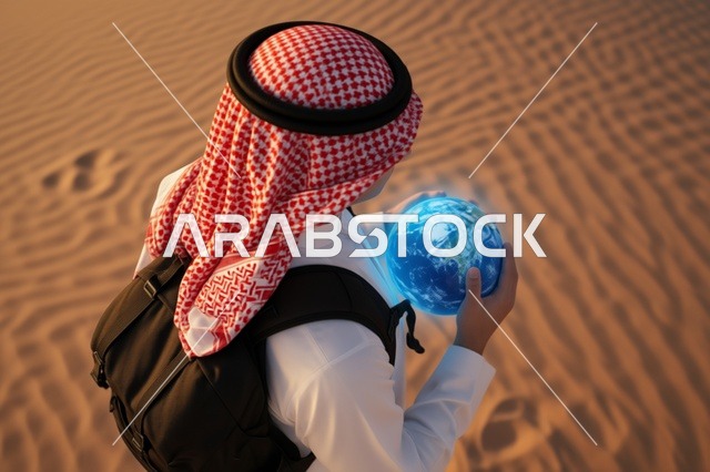 رجل سعودي في الصحراء مع مجسم أرض هولوغرامي