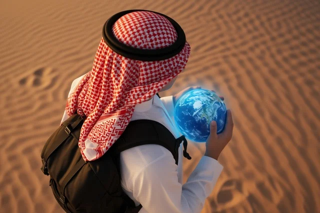 Saudi Man in Desert with Holographic Globe