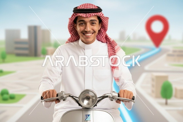 رجل سعودي على سكوتر مع خريطة ملاحة رقمية