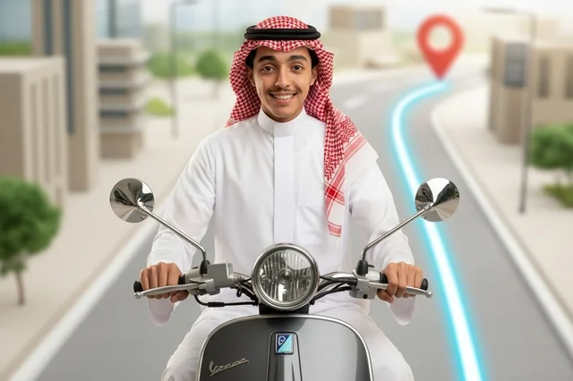 Saudi Man Riding Scooter with Digital Location Pin