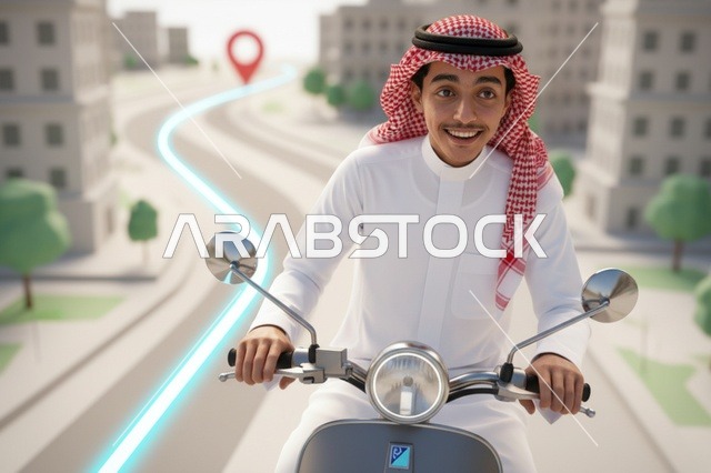 رجل سعودي يقود دراجة نارية مع نظام ملاحة رقمي
