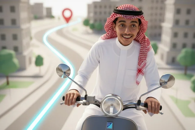 Saudi Man Riding Scooter with City Digital Navigation
