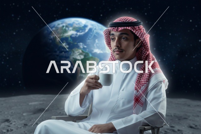 رجل سعودي على سطح القمر مع خلفية كوكب الأرض