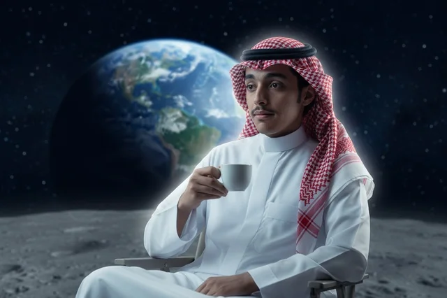 Saudi Man on Moon Surface with Earth Background