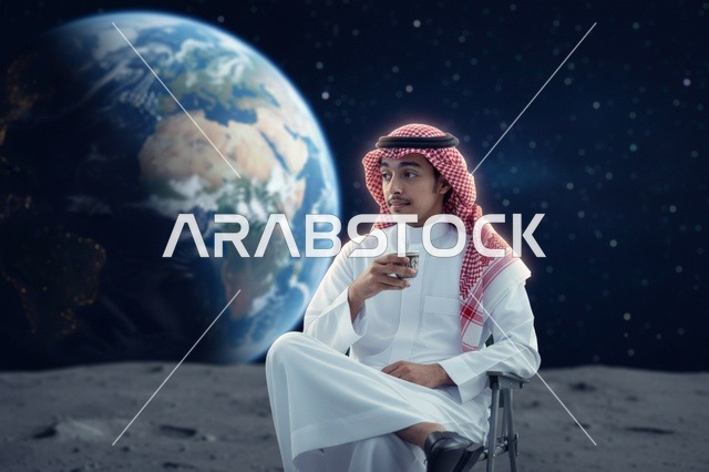 رجل سعودي يشرب القهوة على سطح القمر مع خلفية الأرض
