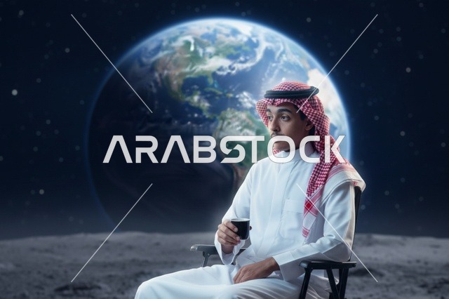 Saudi Man Drinking Arabic Coffee on Moon Surface