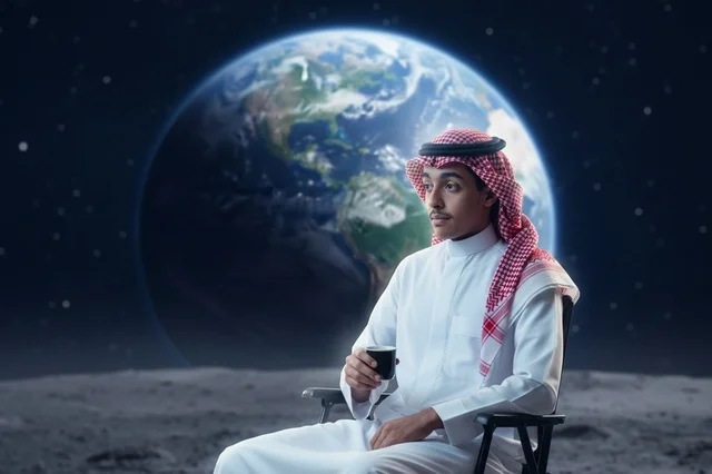 رجل سعودي يشرب القهوة العربية على سطح القمر رجل سعودي يشرب القهوة العربية على سطح القمر