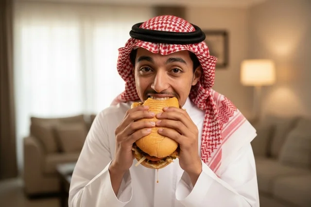 Saudi Man in Traditional Dress Eating Burger Indoors