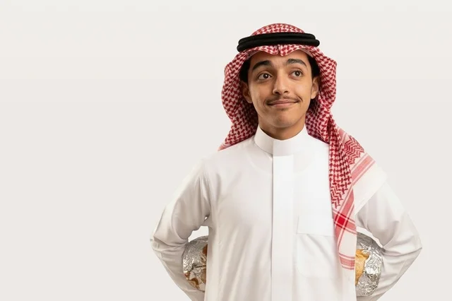 شاب سعودي بالثوب التقليدي والغترة في الاستوديو