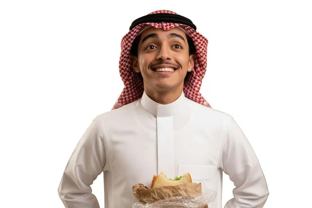 رجل سعودي بالزي التقليدي يبتسم ويمسك شطيرة