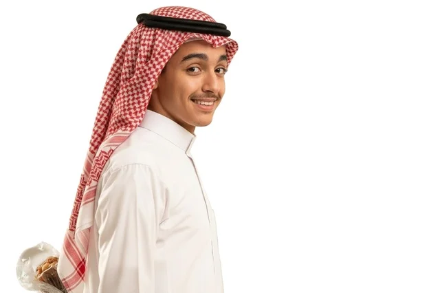Young Saudi Man in Thobe Holding Flowers Behind Back