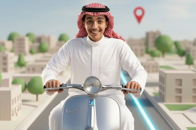 Saudi Man Riding Scooter in Digital City Map